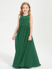Long Junior Bridesmaid Dresses Illusion Lace Top Dark Green