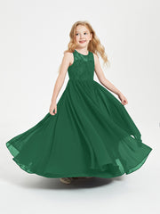 Long Junior Bridesmaid Dresses Illusion Lace Top Dark Green