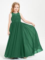 Long Junior Bridesmaid Dresses Illusion Lace Top Dark Green