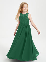 Long Junior Bridesmaid Dresses Illusion Lace Top Dark Green