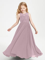 Long Junior Bridesmaid Dresses Illusion Lace Top Dusk