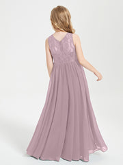 Long Junior Bridesmaid Dresses Illusion Lace Top Dusk