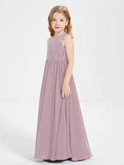 Long Junior Bridesmaid Dresses Illusion Lace Top Dusk