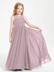 Long Junior Bridesmaid Dresses Illusion Lace Top Dusk