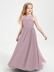 Long Junior Bridesmaid Dresses Illusion Lace Top Dusk