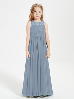 Long Junior Bridesmaid Dresses Illusion Lace Top Dusty Blue