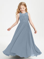 Long Junior Bridesmaid Dresses Illusion Lace Top Dusty Blue