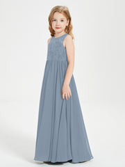 Long Junior Bridesmaid Dresses Illusion Lace Top Dusty Blue