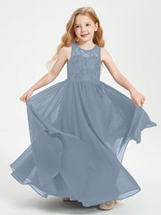 Long Junior Bridesmaid Dresses Illusion Lace Top Dusty Blue