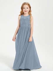 Long Junior Bridesmaid Dresses Illusion Lace Top Dusty Blue