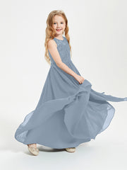 Long Junior Bridesmaid Dresses Illusion Lace Top Dusty Blue