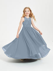 Long Junior Bridesmaid Dresses Illusion Lace Top Dusty Blue
