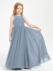 Long Junior Bridesmaid Dresses Illusion Lace Top Dusty Blue