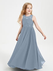 Long Junior Bridesmaid Dresses Illusion Lace Top Dusty Blue