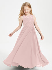 Long Junior Bridesmaid Dresses Illusion Lace Top Dusty Rose