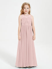 Long Junior Bridesmaid Dresses Illusion Lace Top Dusty Rose