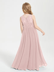 Long Junior Bridesmaid Dresses Illusion Lace Top Dusty Rose