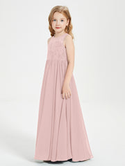 Long Junior Bridesmaid Dresses Illusion Lace Top Dusty Rose