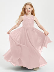 Long Junior Bridesmaid Dresses Illusion Lace Top Dusty Rose