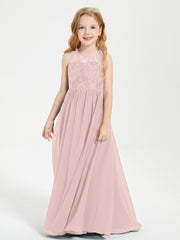 Long Junior Bridesmaid Dresses Illusion Lace Top Dusty Rose