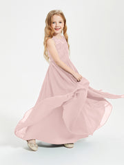 Long Junior Bridesmaid Dresses Illusion Lace Top Dusty Rose
