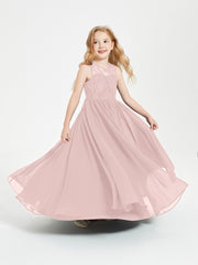 Long Junior Bridesmaid Dresses Illusion Lace Top Dusty Rose