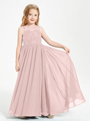 Long Junior Bridesmaid Dresses Illusion Lace Top Dusty Rose