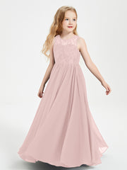 Long Junior Bridesmaid Dresses Illusion Lace Top Dusty Rose