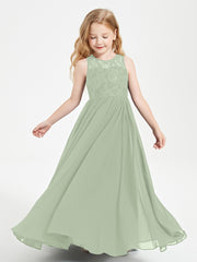 Long Junior Bridesmaid Dresses Illusion Lace Top Dusty Sage