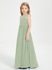 Long Junior Bridesmaid Dresses Illusion Lace Top Dusty Sage