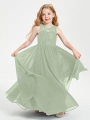Long Junior Bridesmaid Dresses Illusion Lace Top Dusty Sage