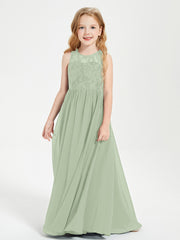 Long Junior Bridesmaid Dresses Illusion Lace Top Dusty Sage