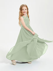 Long Junior Bridesmaid Dresses Illusion Lace Top Dusty Sage
