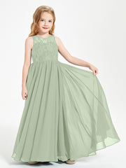 Long Junior Bridesmaid Dresses Illusion Lace Top Dusty Sage