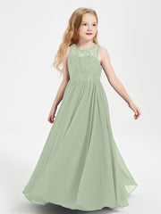 Long Junior Bridesmaid Dresses Illusion Lace Top Dusty Sage