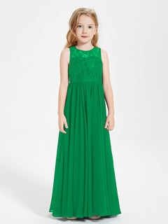 Long Junior Bridesmaid Dresses Illusion Lace Top Emerald