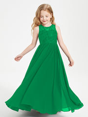 Long Junior Bridesmaid Dresses Illusion Lace Top Emerald