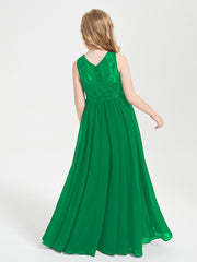Long Junior Bridesmaid Dresses Illusion Lace Top Emerald