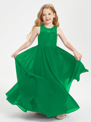 Long Junior Bridesmaid Dresses Illusion Lace Top Emerald