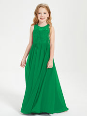 Long Junior Bridesmaid Dresses Illusion Lace Top Emerald