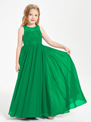 Long Junior Bridesmaid Dresses Illusion Lace Top Emerald