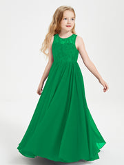 Long Junior Bridesmaid Dresses Illusion Lace Top Emerald