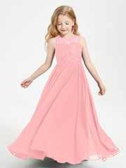 Long Junior Bridesmaid Dresses Illusion Lace Top Flamingo