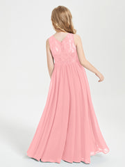 Long Junior Bridesmaid Dresses Illusion Lace Top Flamingo