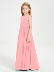 Long Junior Bridesmaid Dresses Illusion Lace Top Flamingo