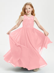 Long Junior Bridesmaid Dresses Illusion Lace Top Flamingo