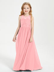 Long Junior Bridesmaid Dresses Illusion Lace Top Flamingo