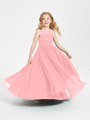 Long Junior Bridesmaid Dresses Illusion Lace Top Flamingo