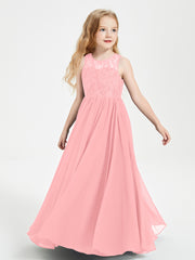 Long Junior Bridesmaid Dresses Illusion Lace Top Flamingo