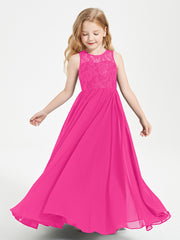 Long Junior Bridesmaid Dresses Illusion Lace Top Fuchsia